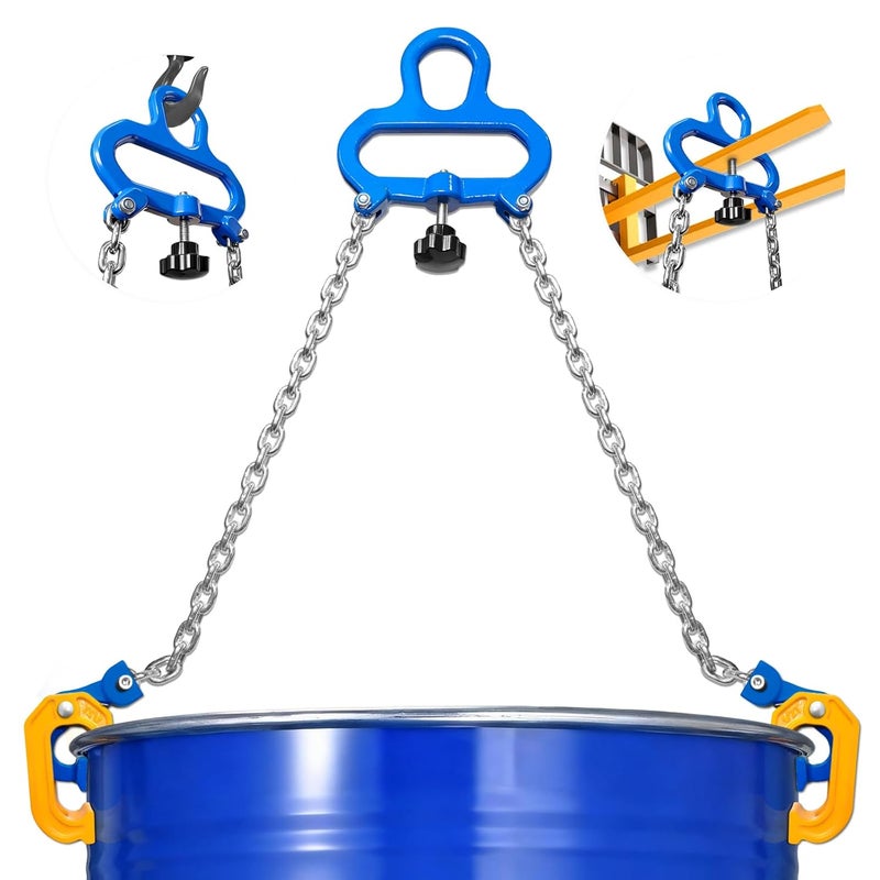 FITHOIST 55 Gallon Drum Lifter, 1Ton Barrel Lifting Chain for Steel & Plastic Drums, Barrel Clamp with 2 Spring-Loaded Locking Hooks, Fork Ring w/Stabilizer, Fits for Forklift & Crane - Image 1